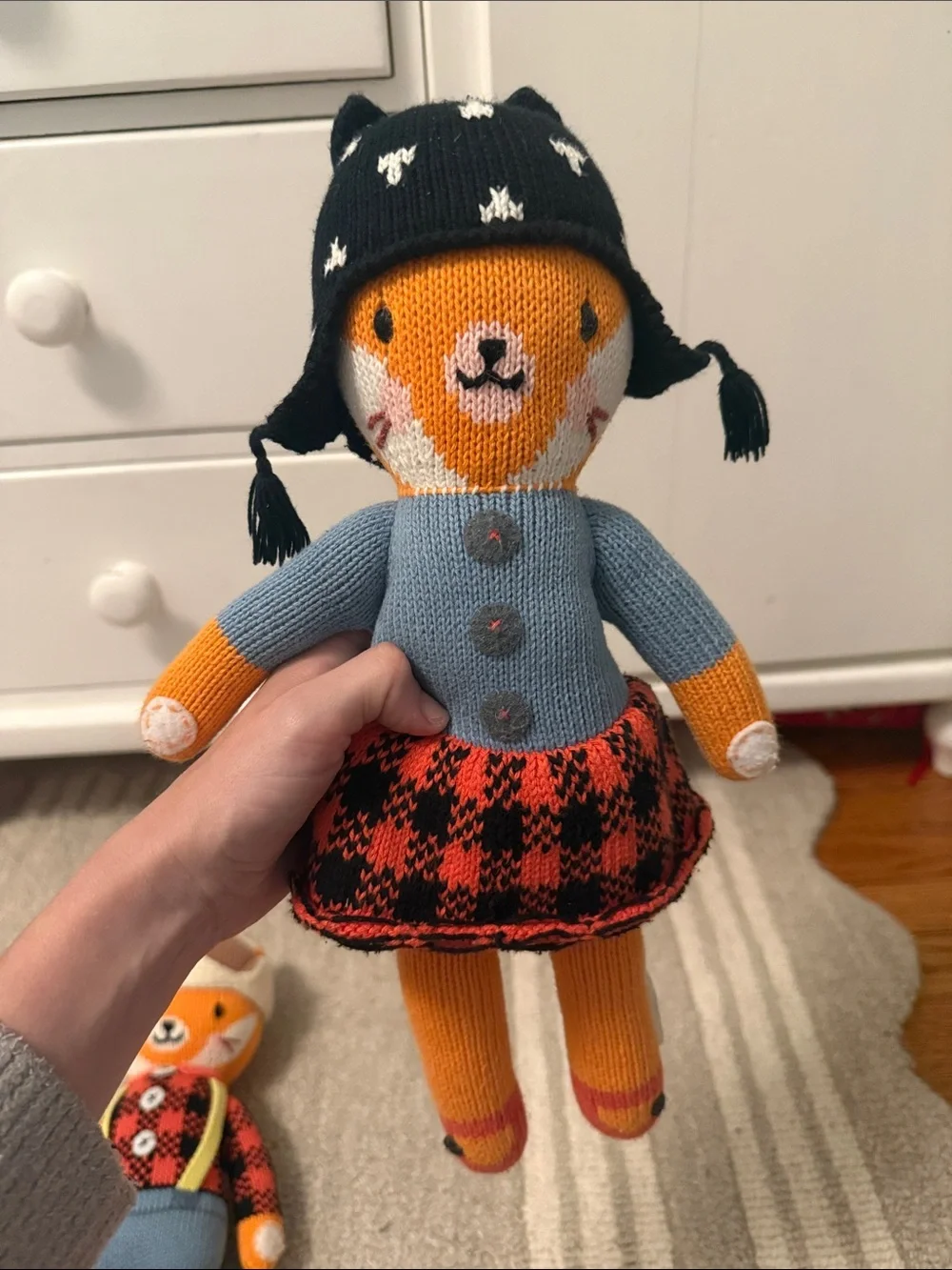Hand-Knit Orange Fox Plush Doll Pair - Blue & Red Outfit Sadie fox and Wyatt fox